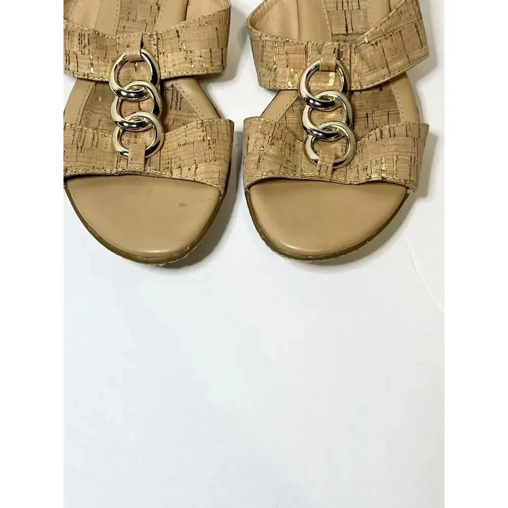 Sofft Slip On Sandals Womens 6.5 M Slide‎ Camel Brown Open Toe Gold Accents